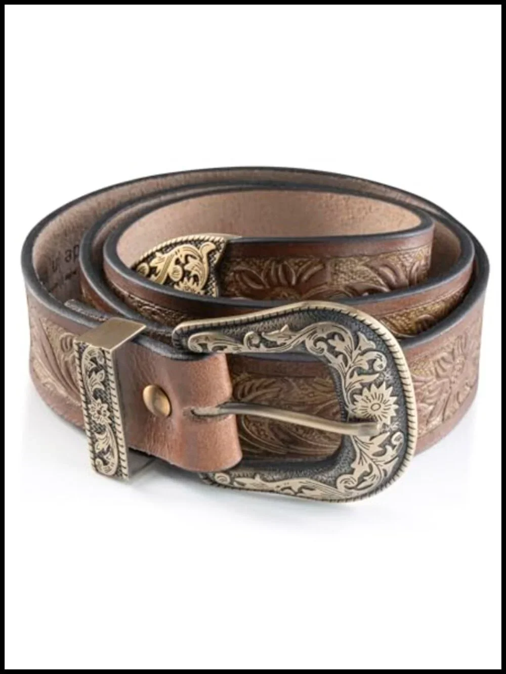 Genuine Buffalo Leather Western Belt Hand-Carved Metal Buckle Cowboy Rodeo